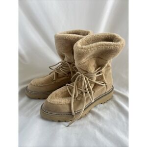 Jennifer Lopez Ginna 8M Tan Beige Faux Fur Lace Up Boots‎
